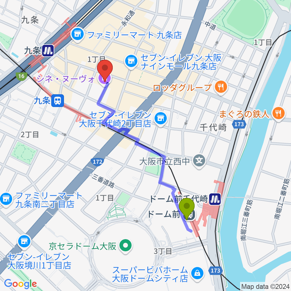 ドーム前駅からシネ・ヌーヴォへのルートマップ地図