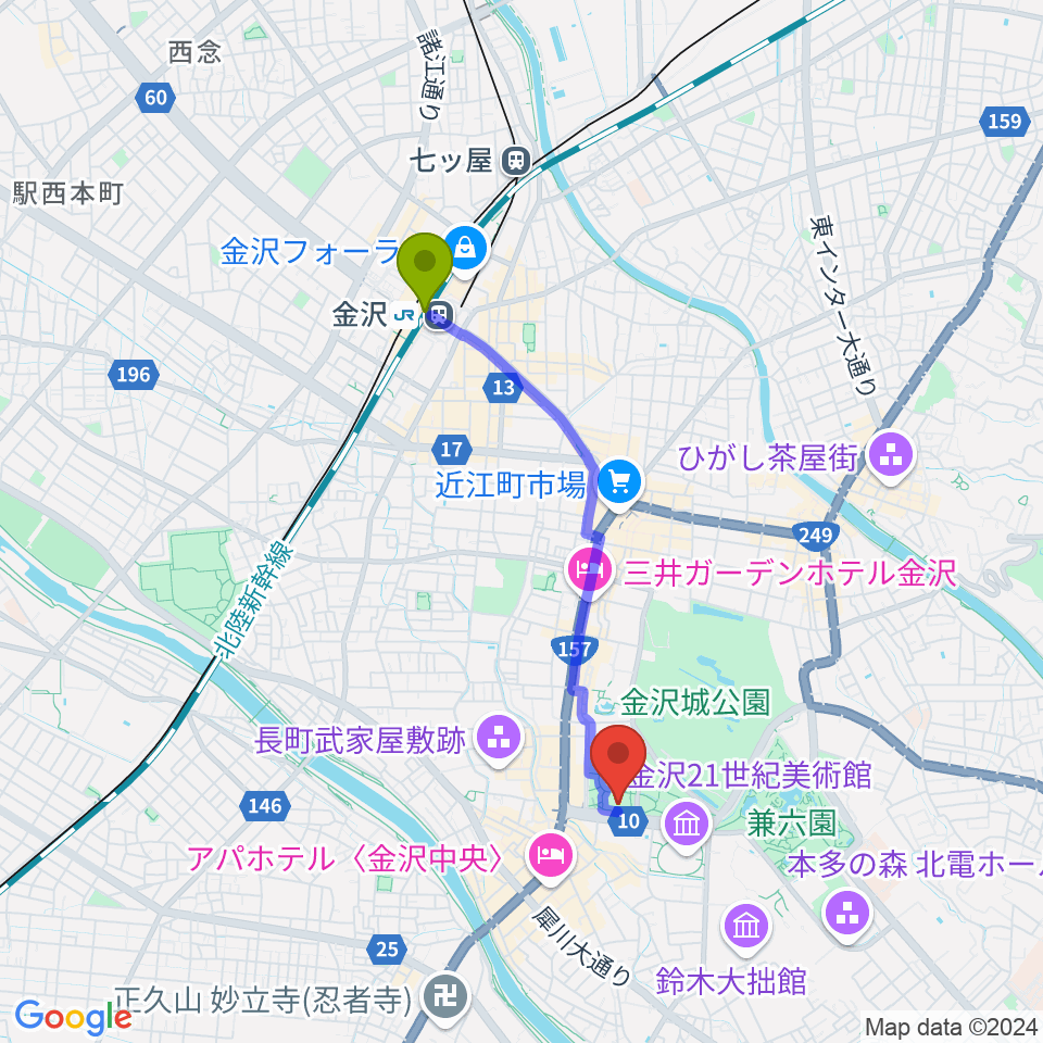 金沢駅から石川四高記念文化交流館へのルートマップ地図