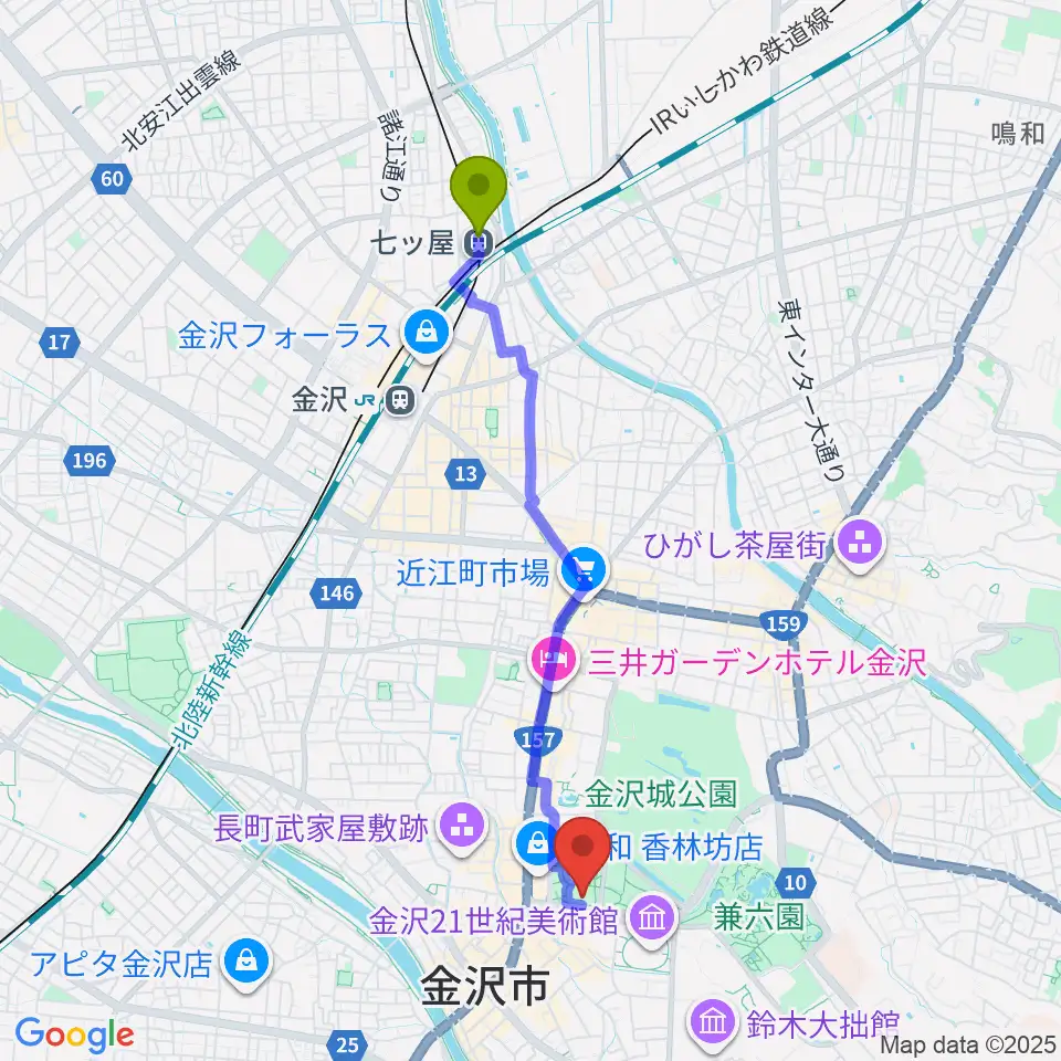 七ツ屋駅から石川四高記念文化交流館へのルートマップ地図