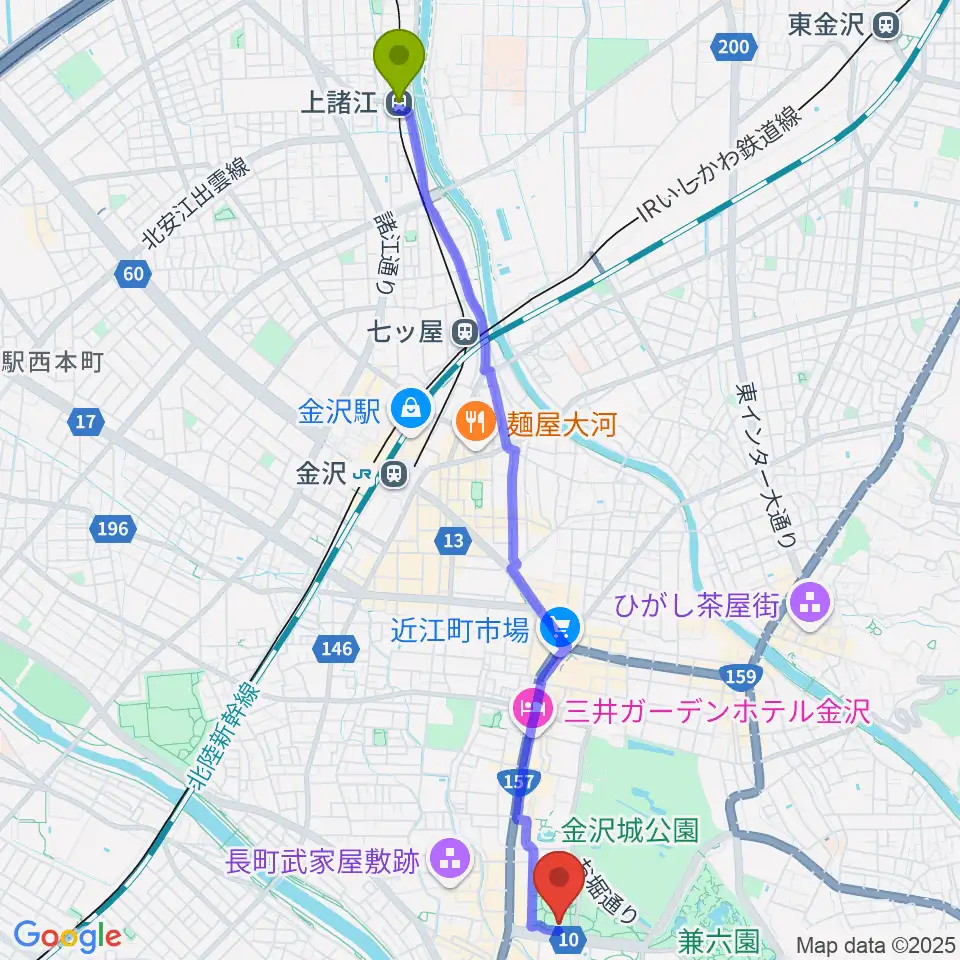 上諸江駅から石川四高記念文化交流館へのルートマップ地図