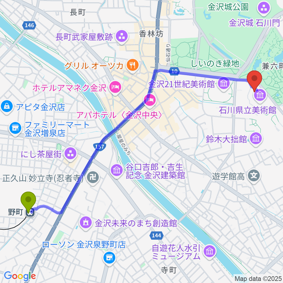 石川県立美術館広坂別館の最寄駅野町駅からの徒歩ルート（約28分）地図