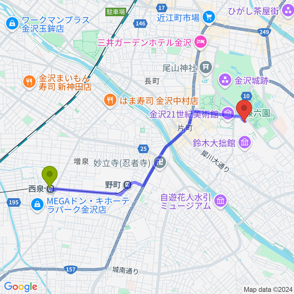 西泉駅から石川県立美術館広坂別館へのルートマップ地図