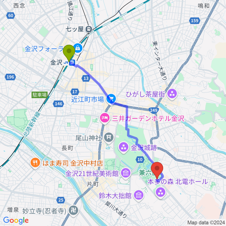 金沢駅からいしかわ生活工芸ミュージアムへのルートマップ地図