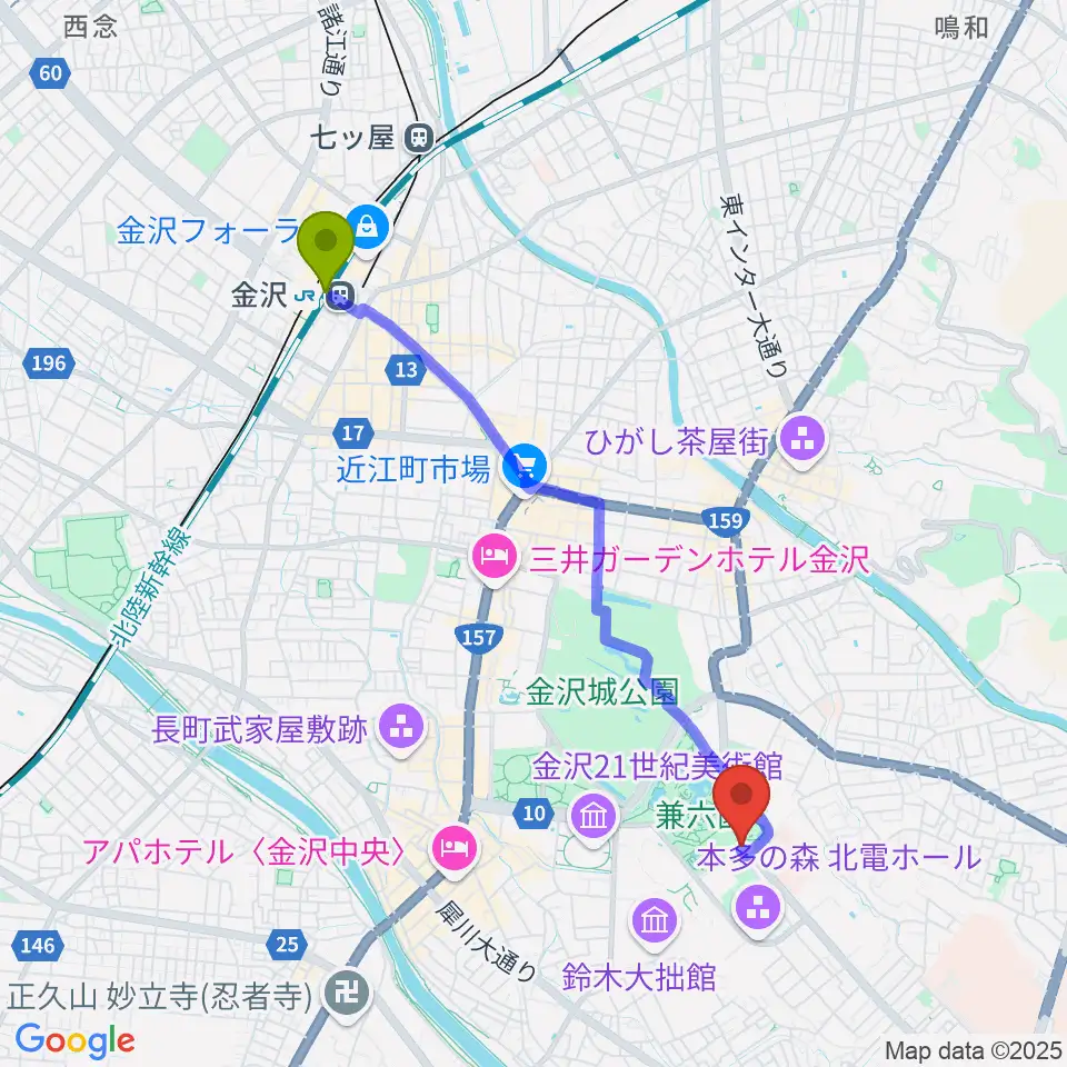 金沢駅からいしかわ生活工芸ミュージアムへのルートマップ地図