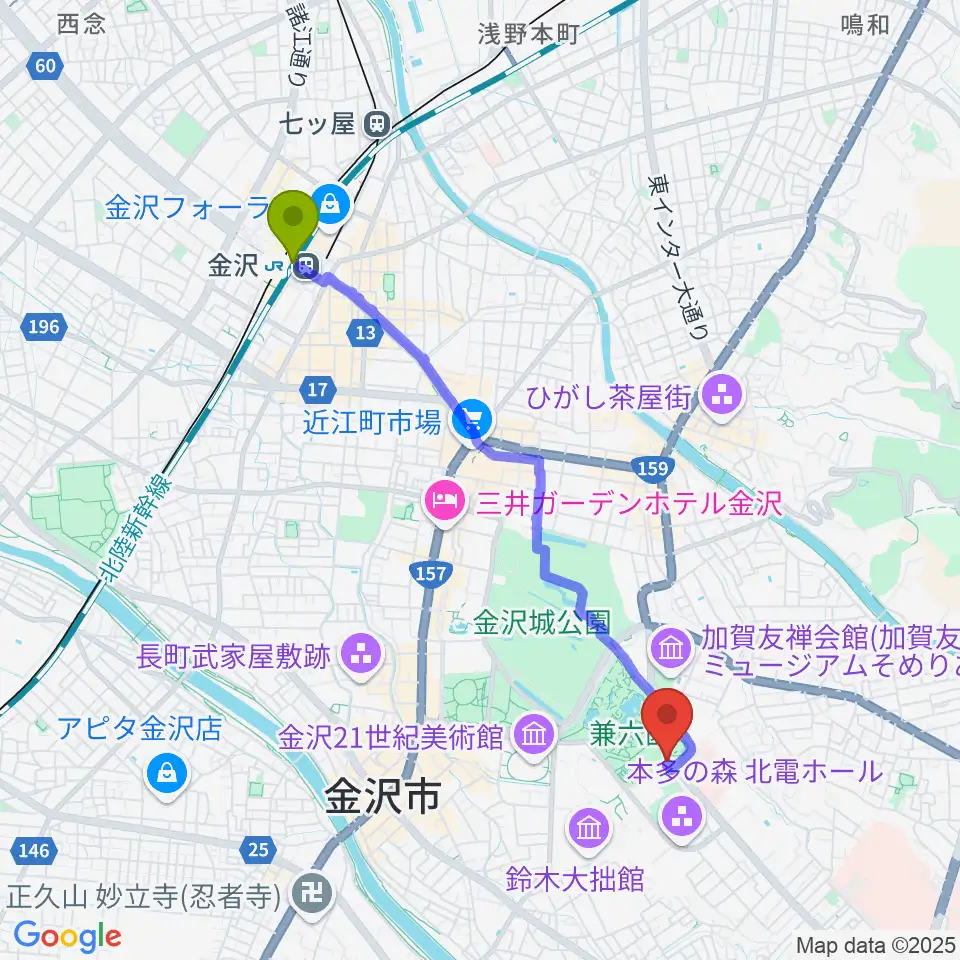 金沢駅からいしかわ生活工芸ミュージアムへのルートマップ地図