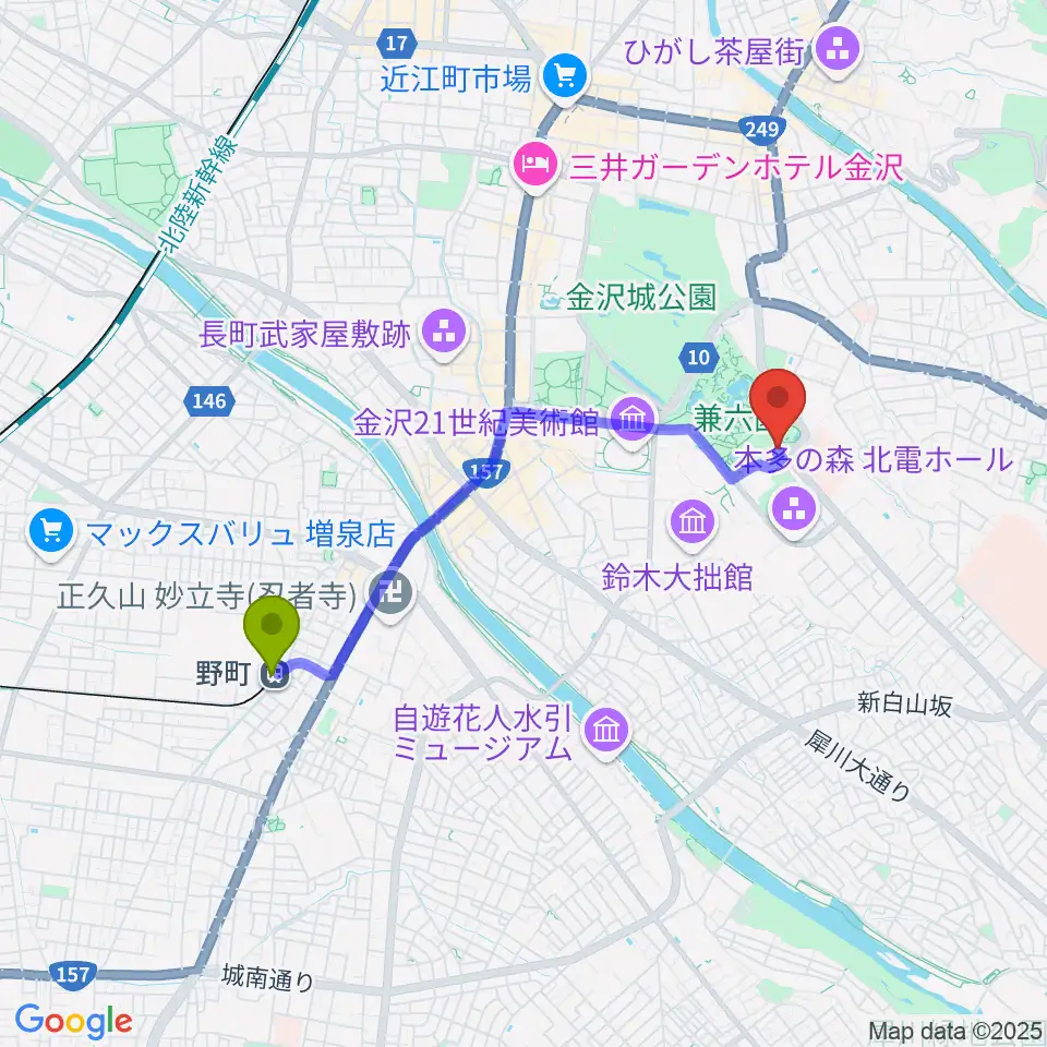 いしかわ生活工芸ミュージアムの最寄駅野町駅からの徒歩ルート（約32分）地図