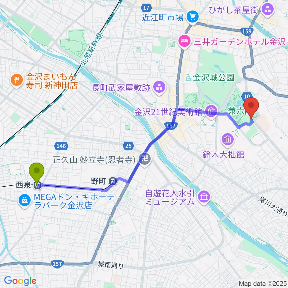 西泉駅からいしかわ生活工芸ミュージアムへのルートマップ地図
