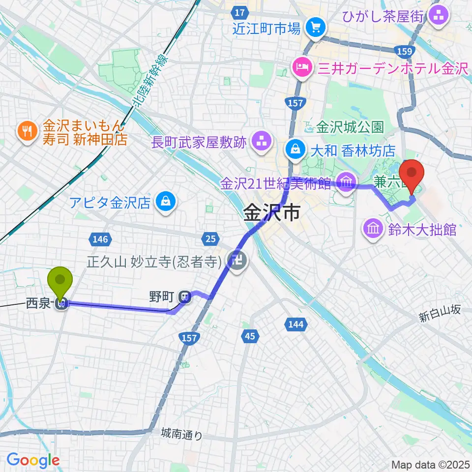 西泉駅からいしかわ生活工芸ミュージアムへのルートマップ地図