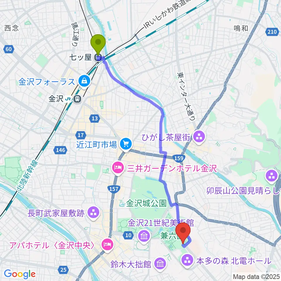 七ツ屋駅からいしかわ生活工芸ミュージアムへのルートマップ地図