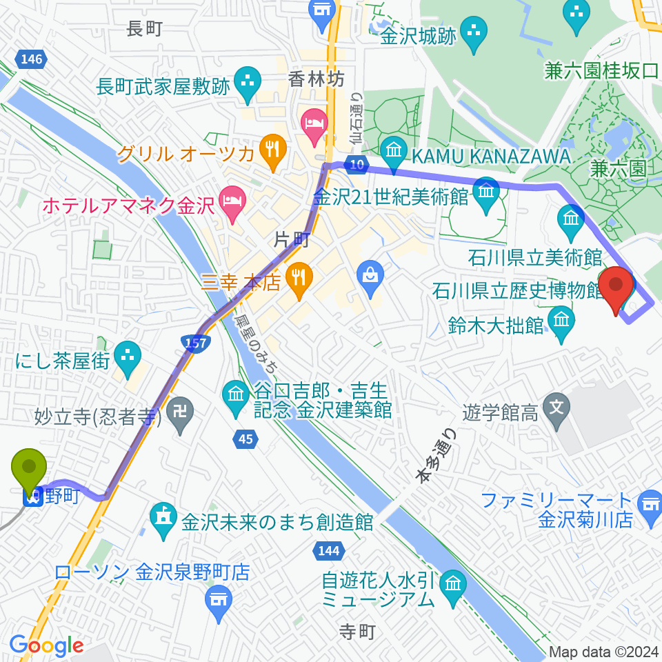 加賀本多博物館の最寄駅野町駅からの徒歩ルート（約29分）地図