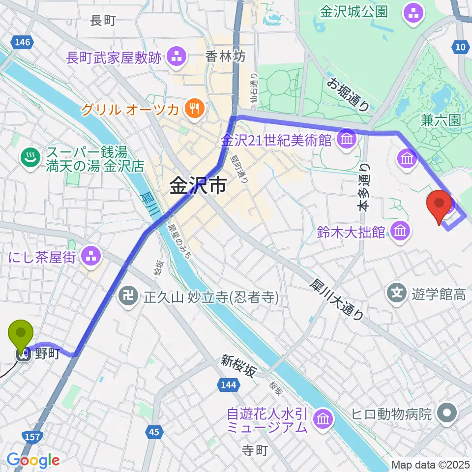 加賀本多博物館の最寄駅野町駅からの徒歩ルート（約29分）地図