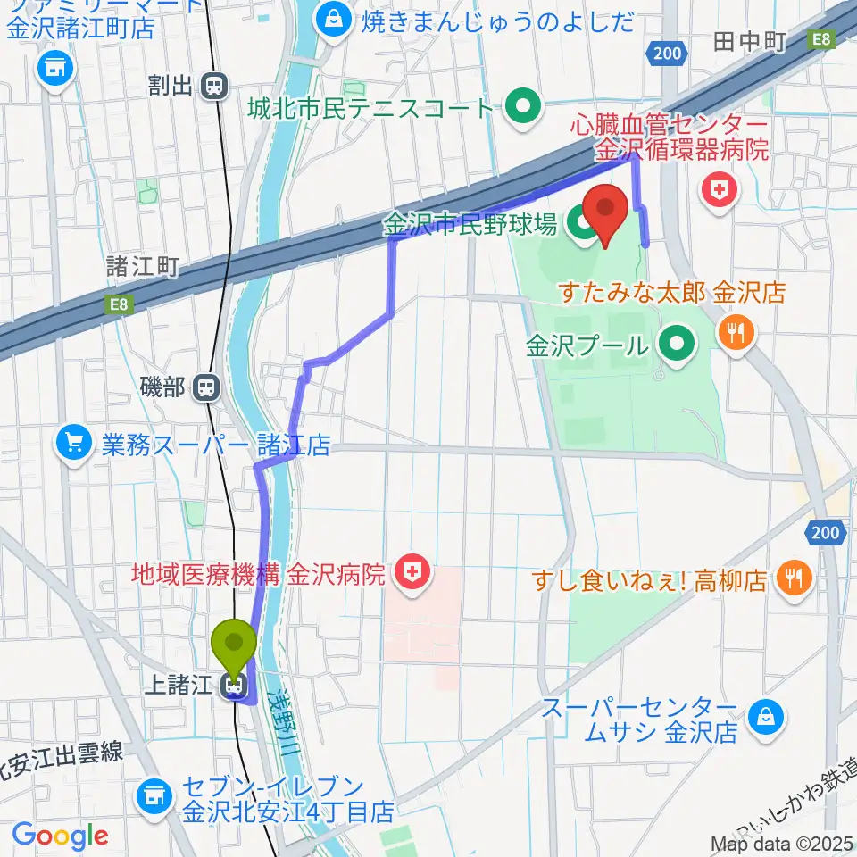 上諸江駅から金沢市民野球場へのルートマップ地図