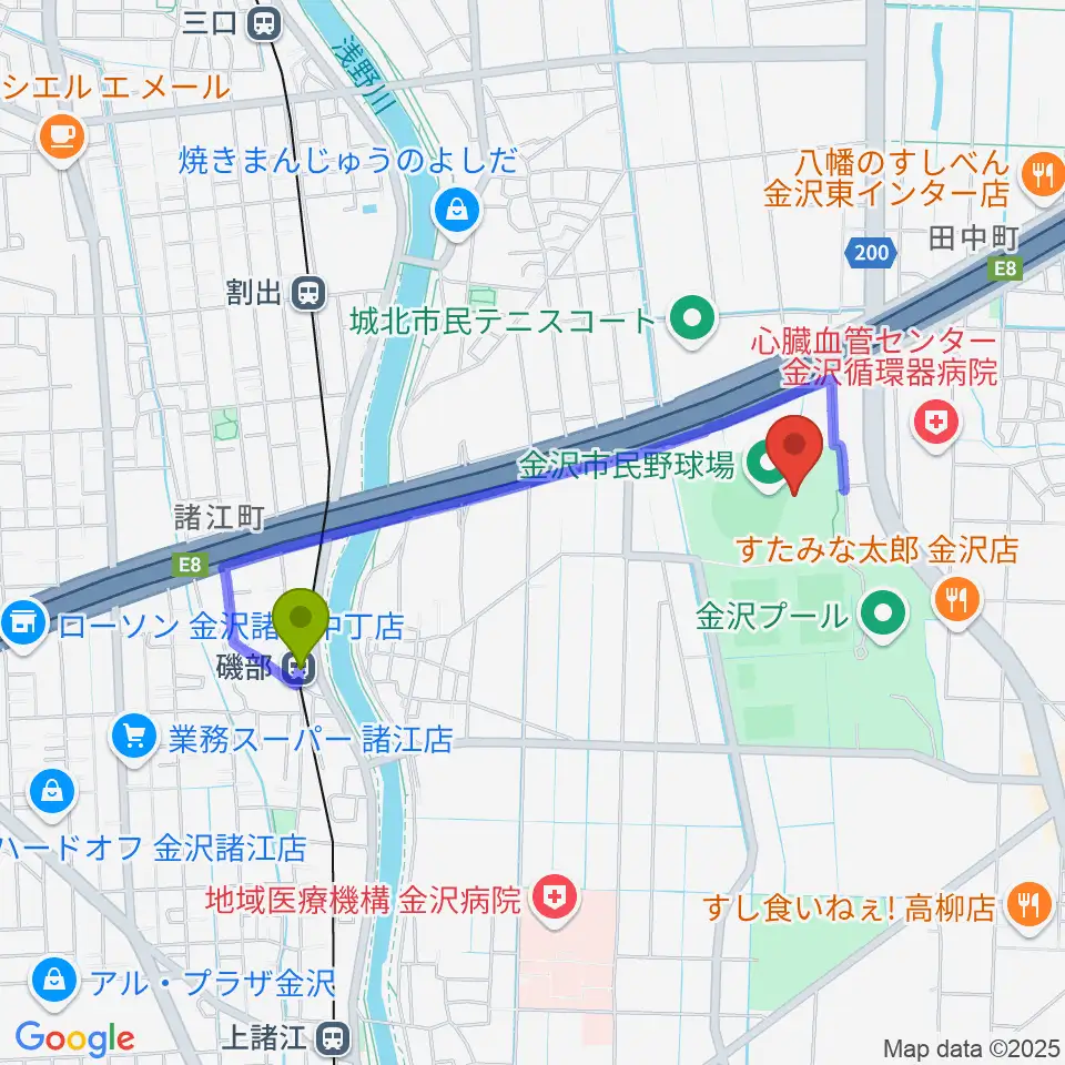 金沢市民野球場の最寄駅磯部駅からの徒歩ルート（約15分）地図