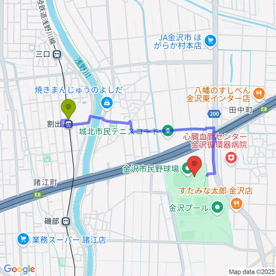 割出駅から金沢市民野球場へのルートマップ地図