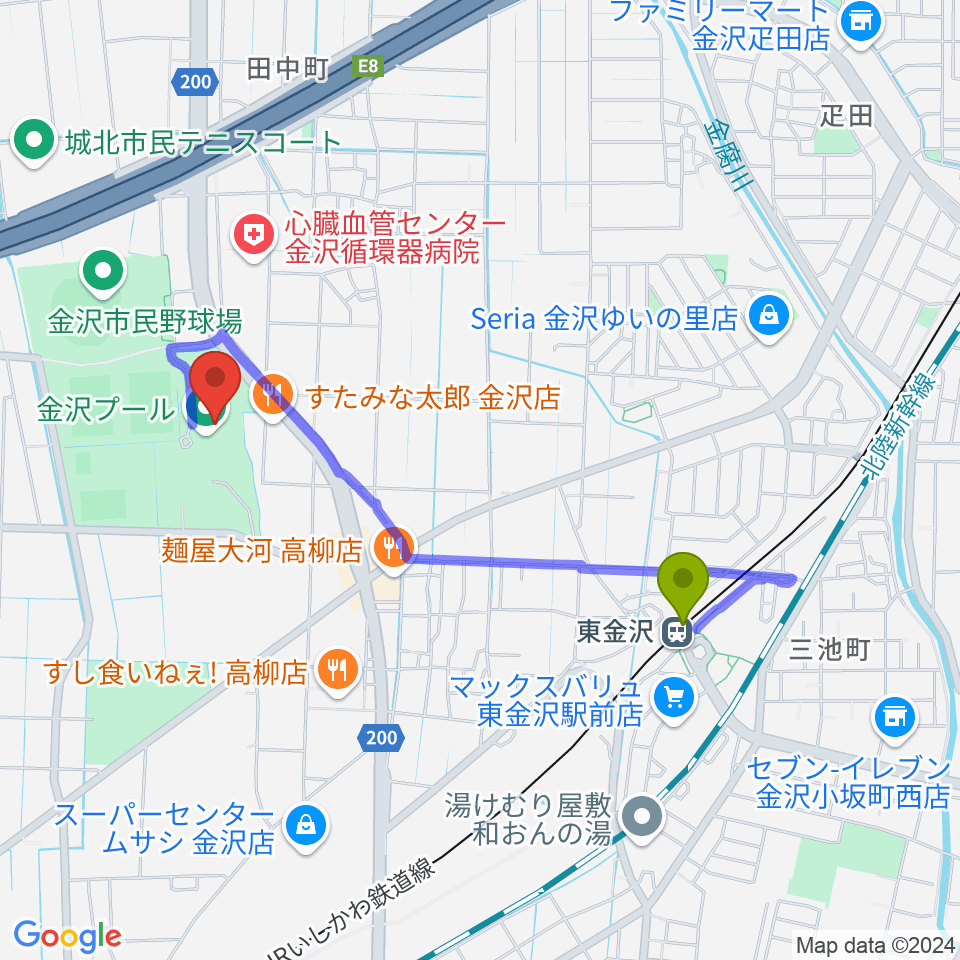 金沢プールの最寄駅東金沢駅からの徒歩ルート（約16分）地図