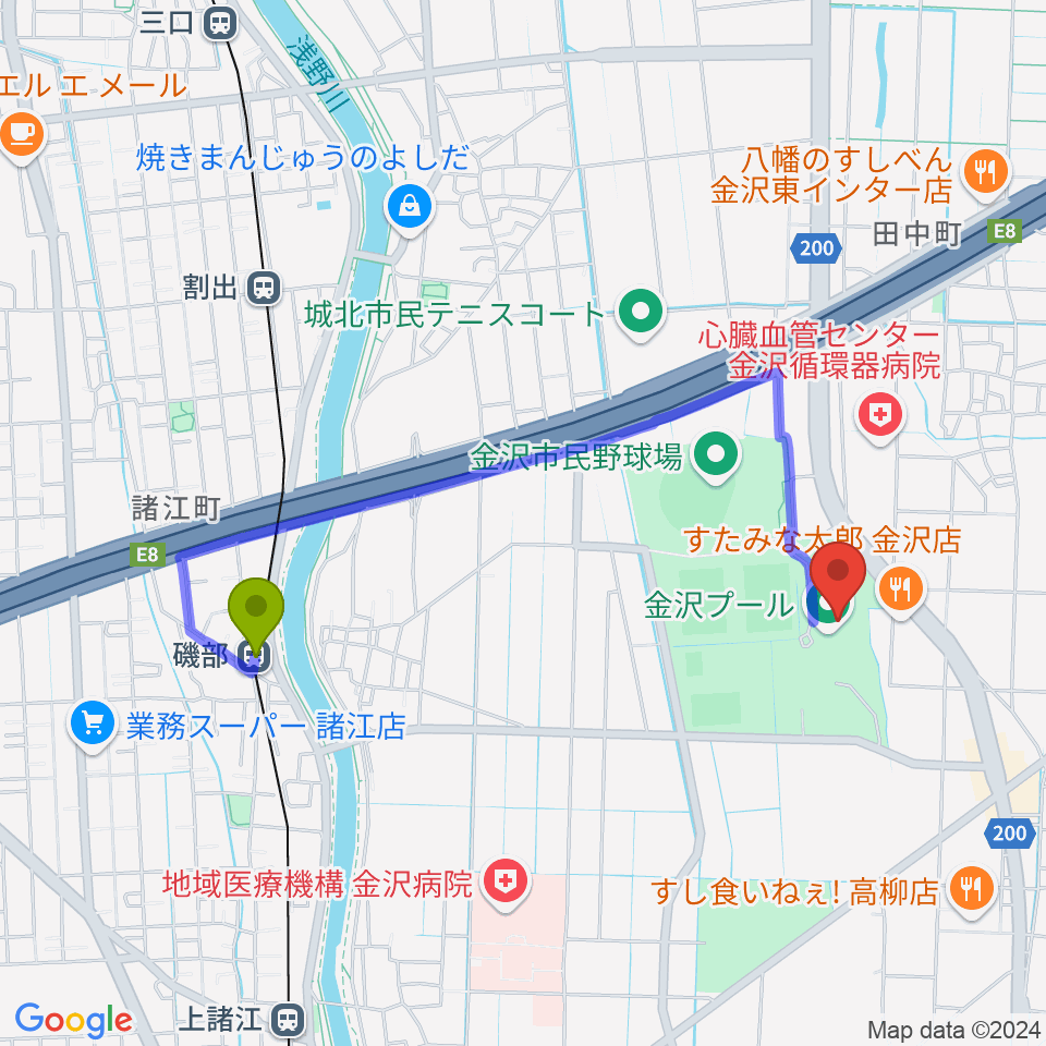 磯部駅から金沢プールへのルートマップ地図