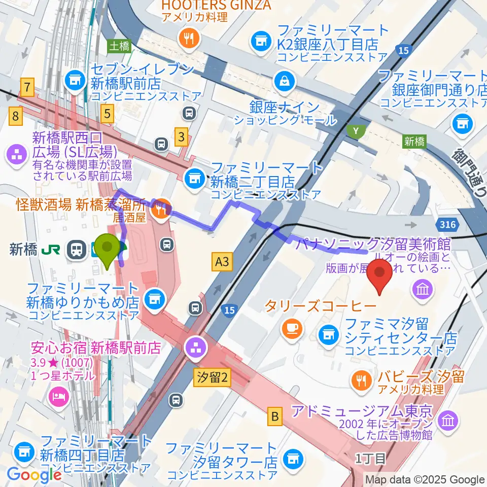 旧新橋停車場 鉄道歴史展示室の最寄駅新橋駅からの徒歩ルート（約4分）地図