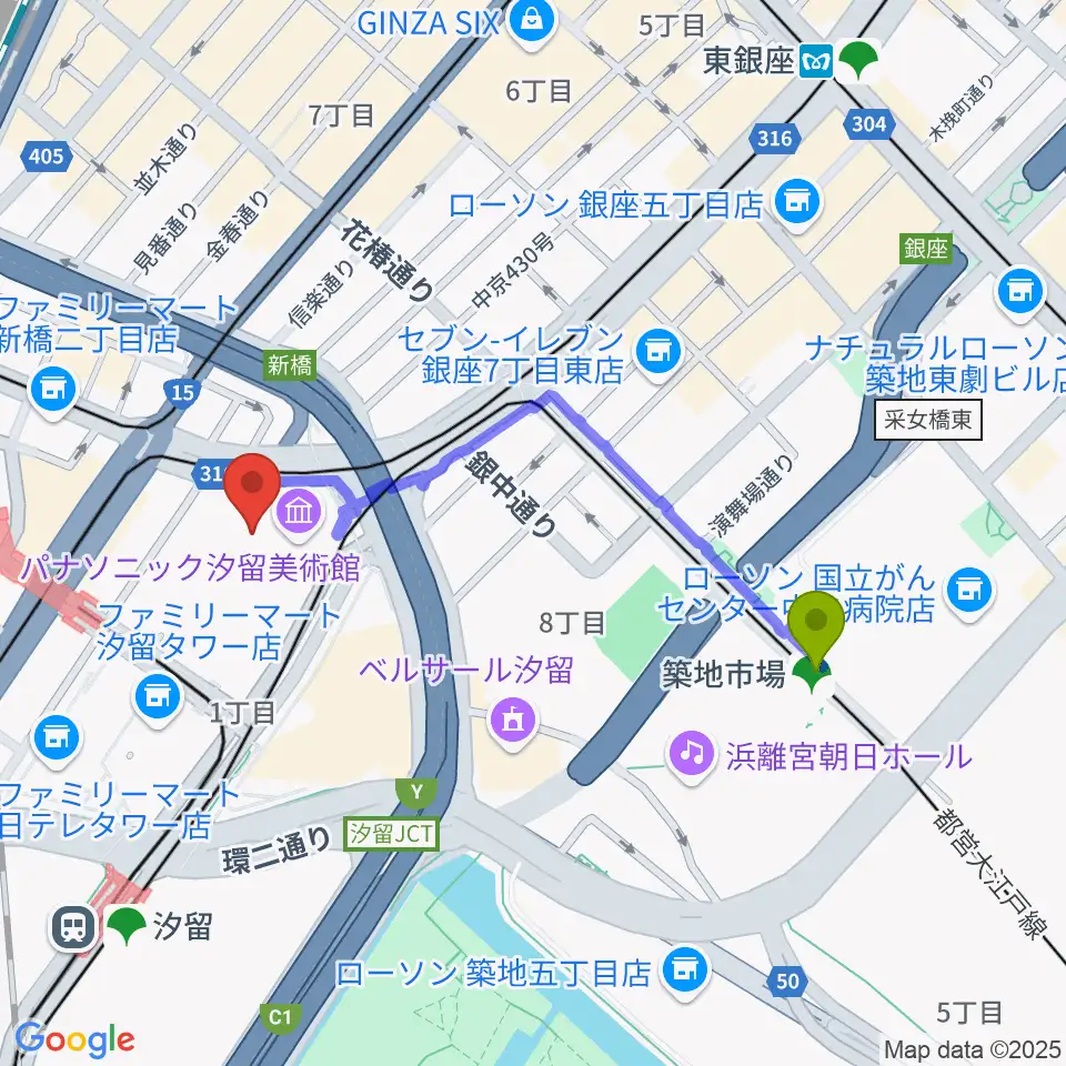 築地市場駅から旧新橋停車場 鉄道歴史展示室へのルートマップ地図