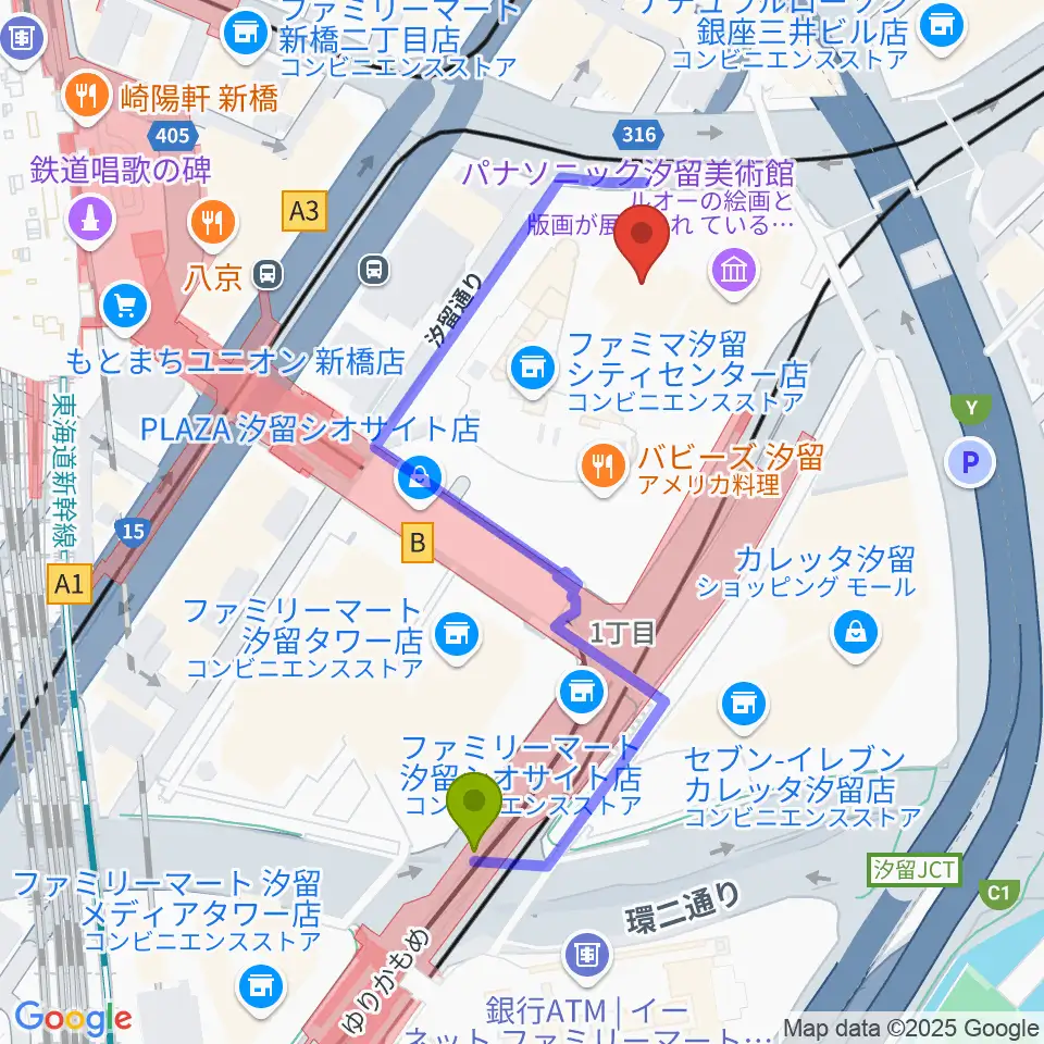 汐留駅から旧新橋停車場 鉄道歴史展示室へのルートマップ地図