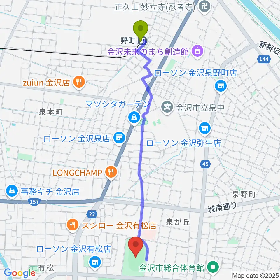 金沢市営陸上競技場の最寄駅野町駅からの徒歩ルート（約24分）地図