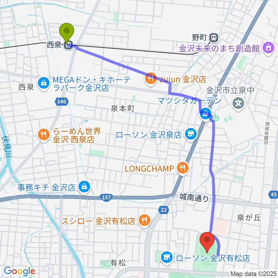 西泉駅から金沢市営陸上競技場へのルートマップ地図