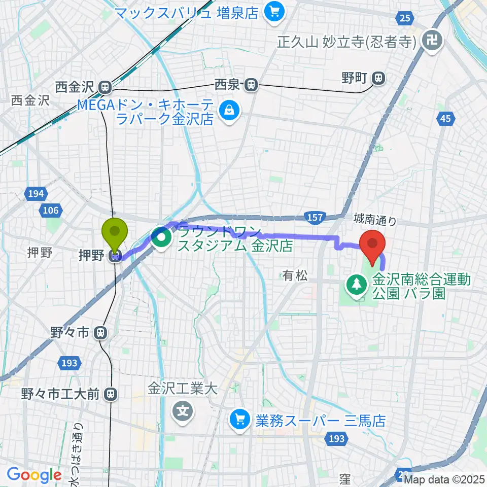 押野駅から金沢市営陸上競技場へのルートマップ地図
