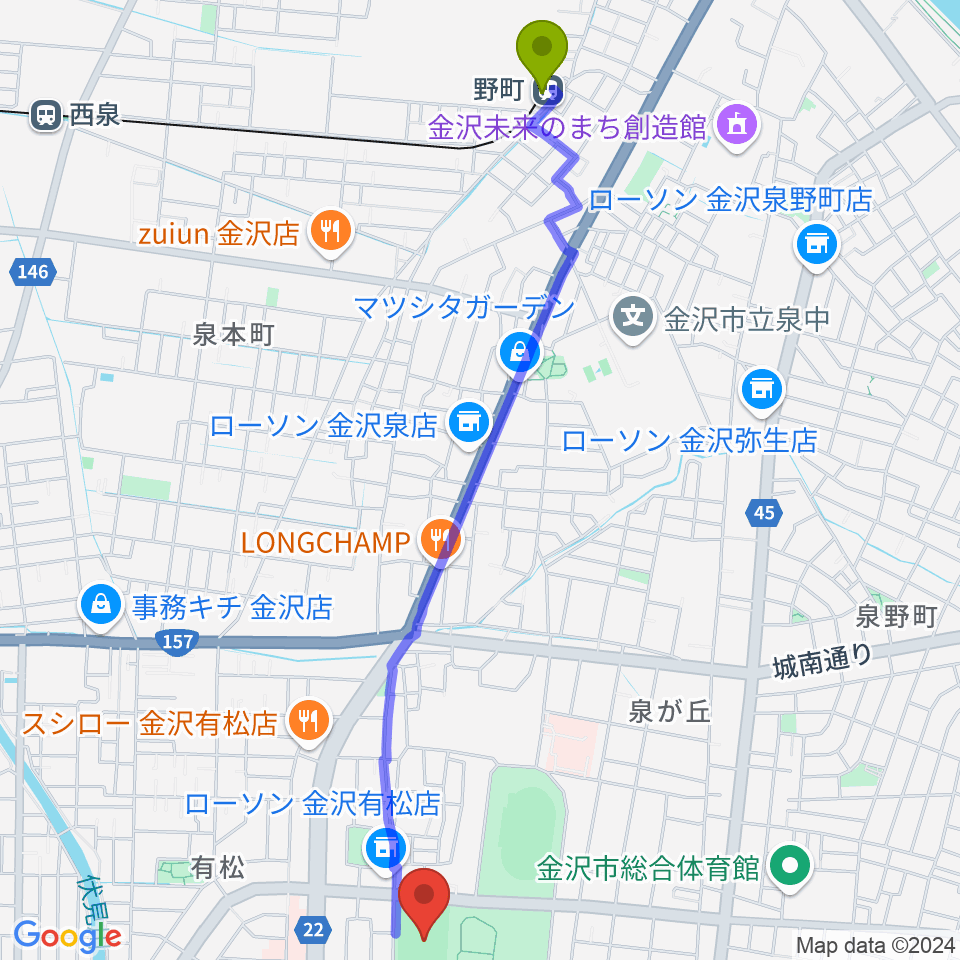 金沢市営球技場の最寄駅野町駅からの徒歩ルート（約27分）地図