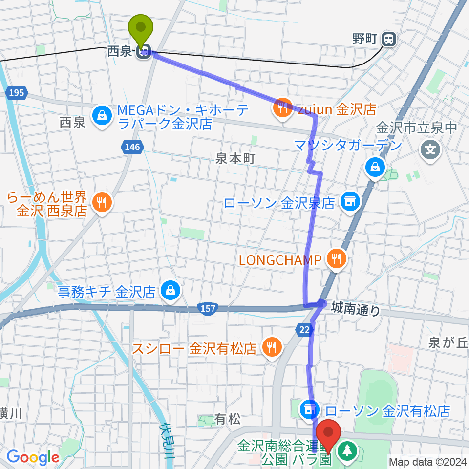 西泉駅から金沢市営球技場へのルートマップ地図