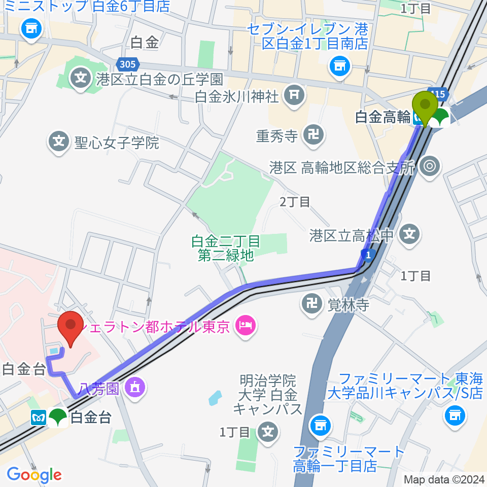 白金高輪駅から港区立郷土歴史館へのルートマップ地図