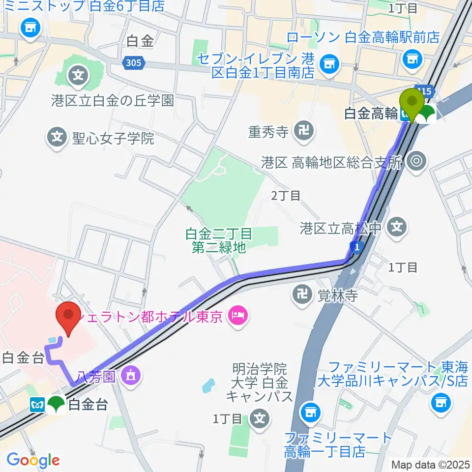 白金高輪駅から港区立郷土歴史館へのルートマップ地図