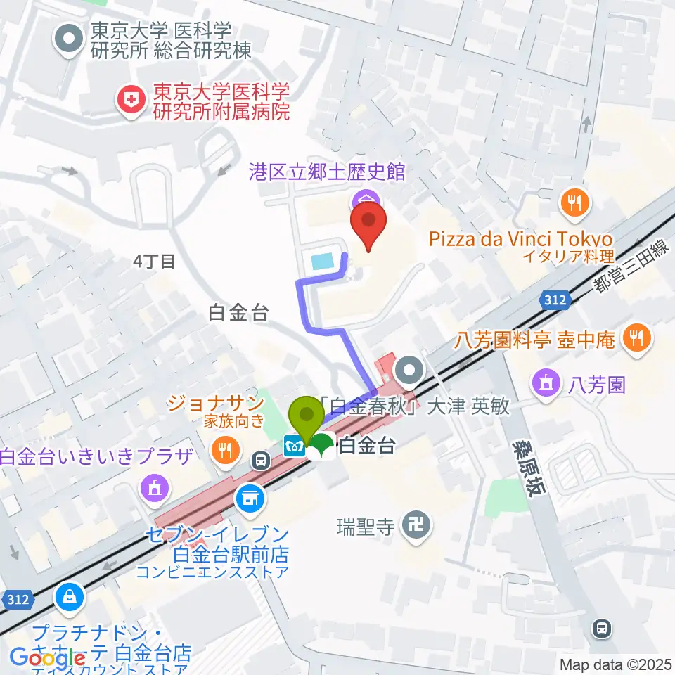 港区立郷土歴史館の最寄駅白金台駅からの徒歩ルート（約2分）地図