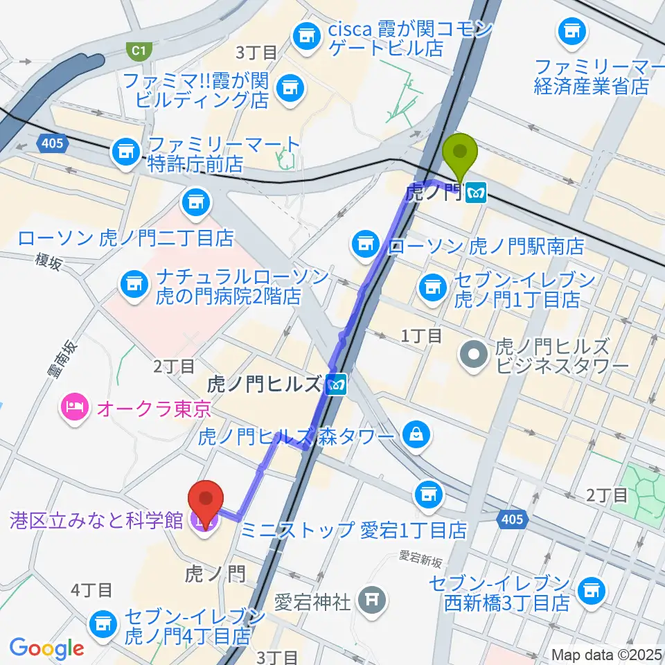 虎ノ門駅から港区立みなと科学館へのルートマップ地図