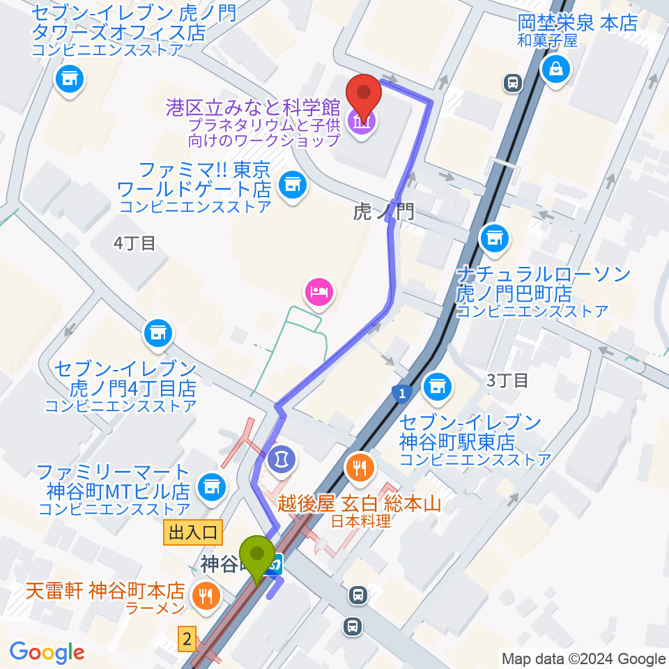 港区立みなと科学館の最寄駅神谷町駅からの徒歩ルート（約5分）地図