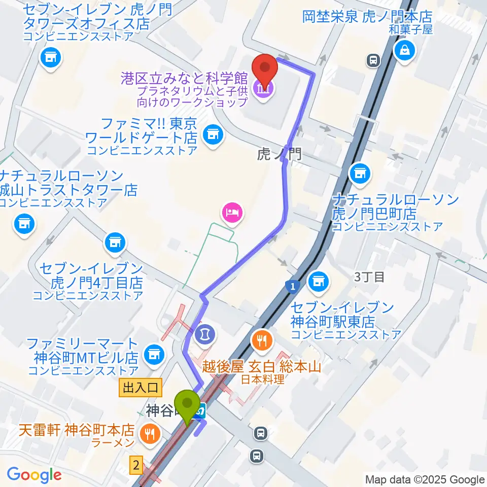 港区立みなと科学館の最寄駅神谷町駅からの徒歩ルート（約5分）地図