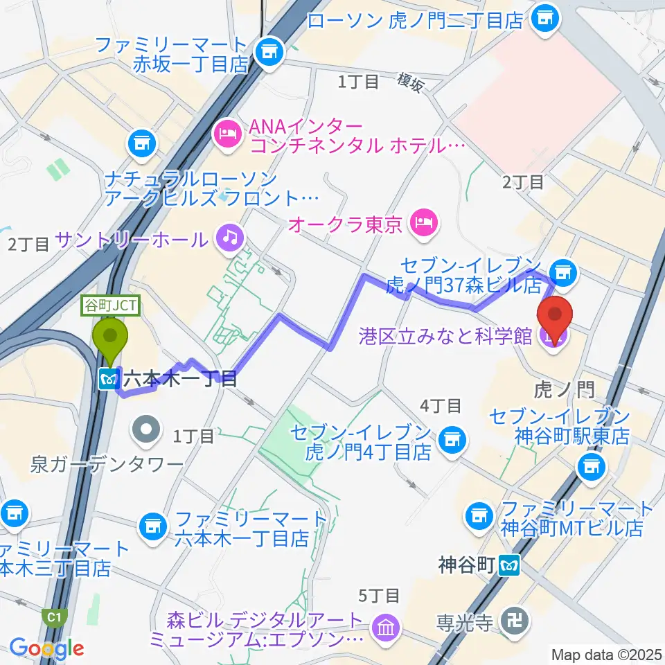 六本木一丁目駅から港区立みなと科学館へのルートマップ地図