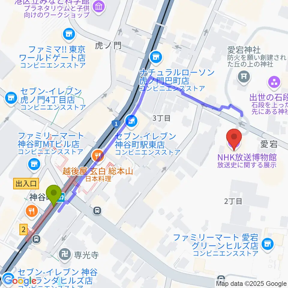 NHK放送博物館の最寄駅神谷町駅からの徒歩ルート（約5分）地図