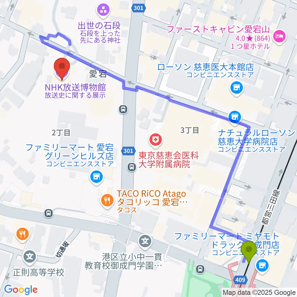 御成門駅からNHK放送博物館へのルートマップ地図