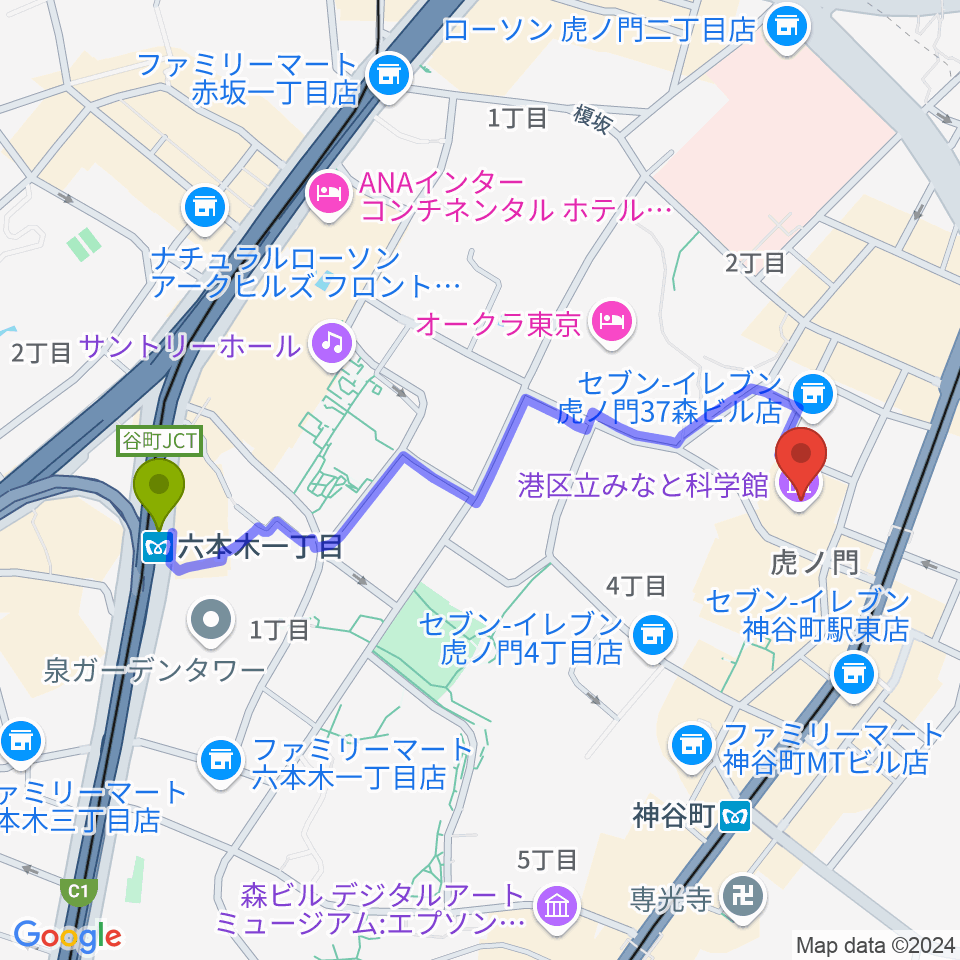 六本木一丁目駅から気象科学館へのルートマップ地図