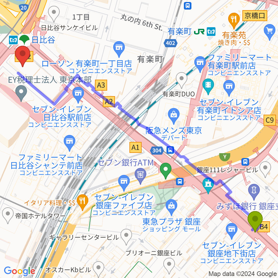 銀座駅からベヒシュタイン・セントラム 東京へのルートマップ地図
