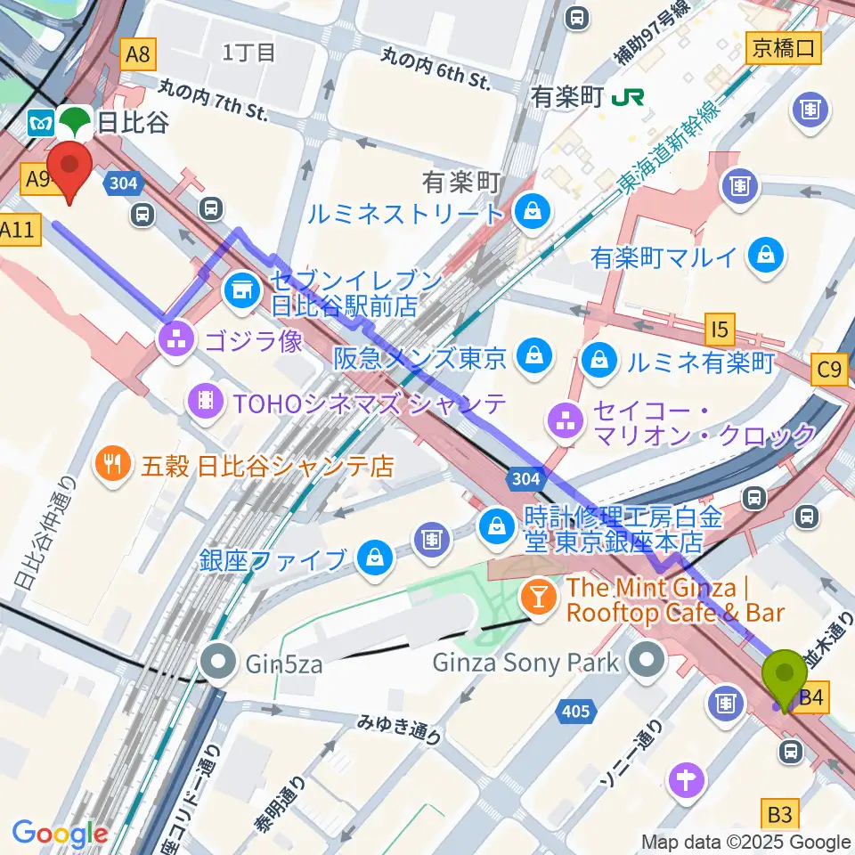 銀座駅からベヒシュタイン・セントラム 東京へのルートマップ地図