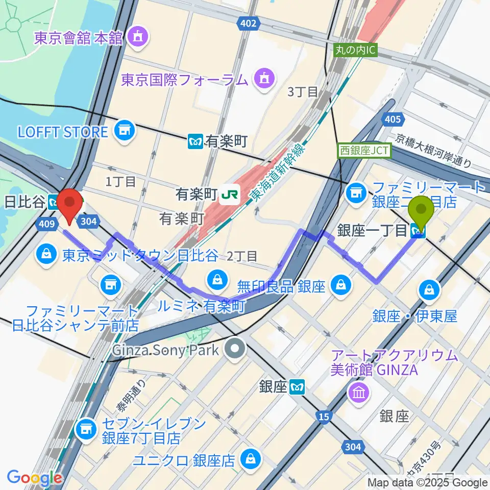 銀座一丁目駅からベヒシュタイン・セントラム 東京へのルートマップ地図