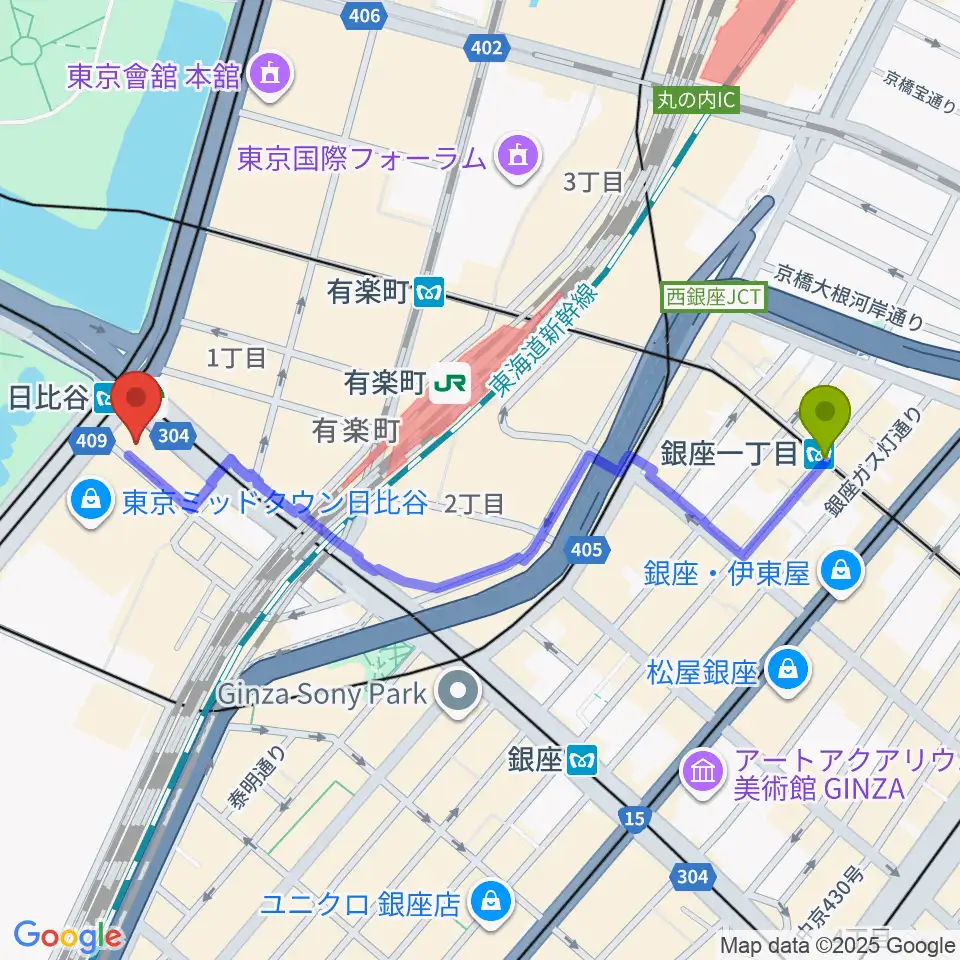 銀座一丁目駅からベヒシュタイン・セントラム 東京へのルートマップ地図