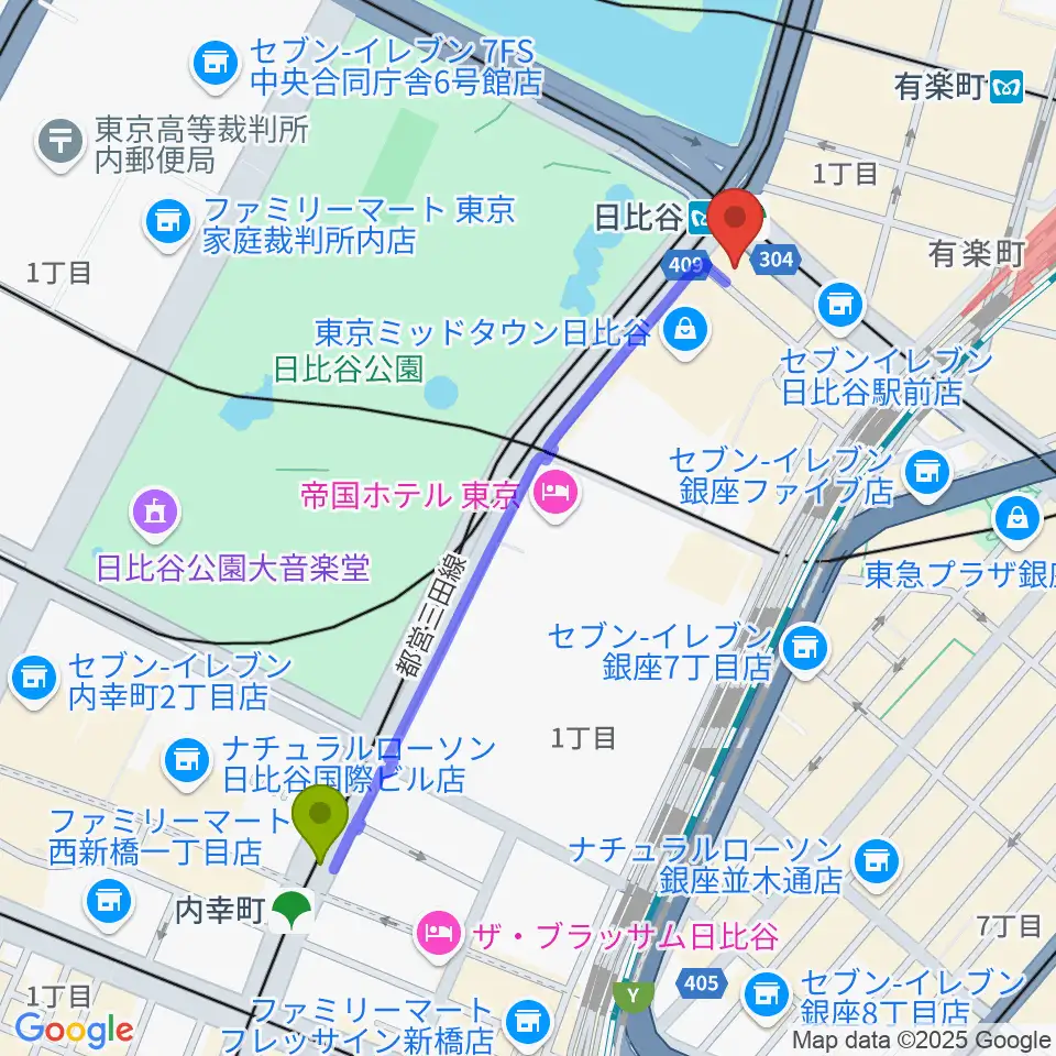 内幸町駅からベヒシュタイン・セントラム 東京へのルートマップ地図