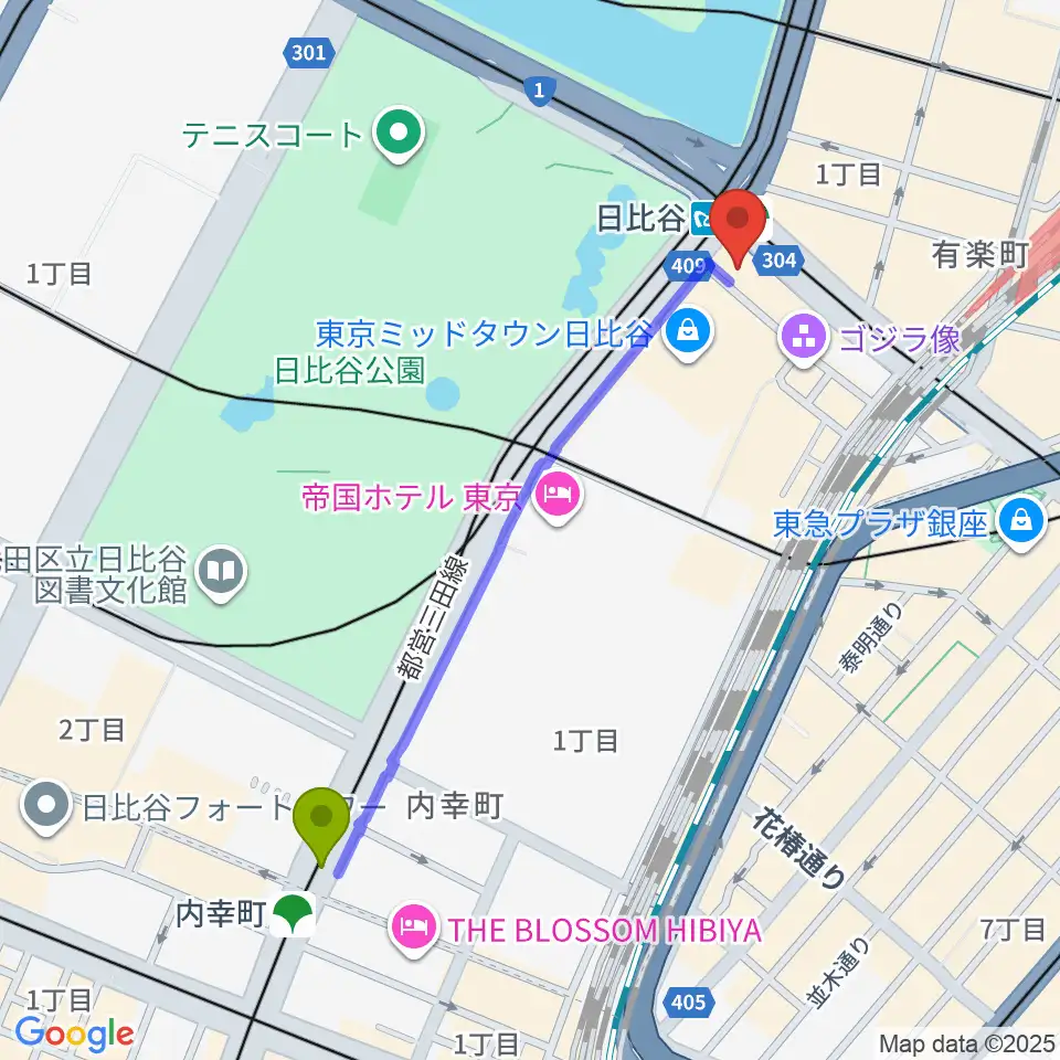 内幸町駅からベヒシュタイン・セントラム 東京へのルートマップ地図
