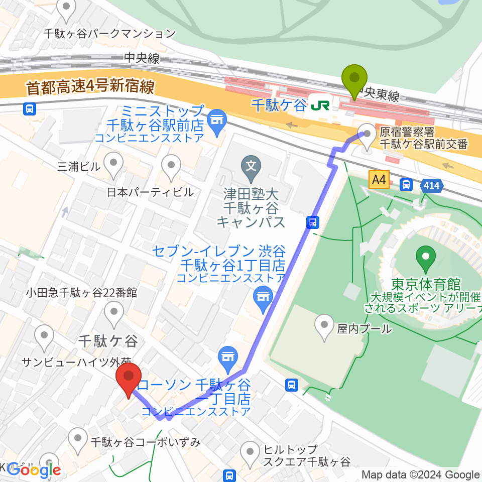 千駄ケ谷駅からトライアンフスタジオへのルートマップ地図