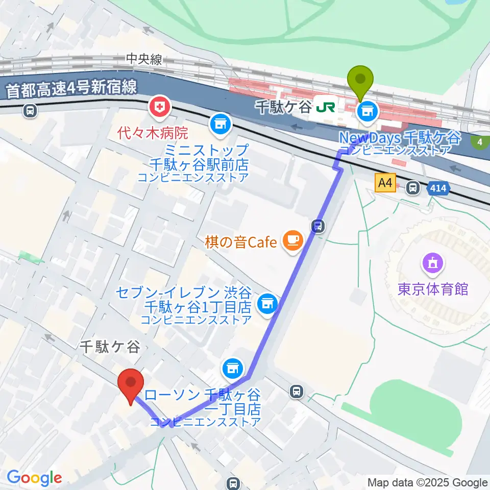 千駄ケ谷駅からトライアンフスタジオへのルートマップ地図