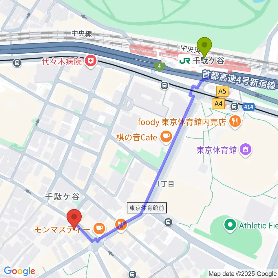 千駄ケ谷駅からトライアンフスタジオへのルートマップ地図