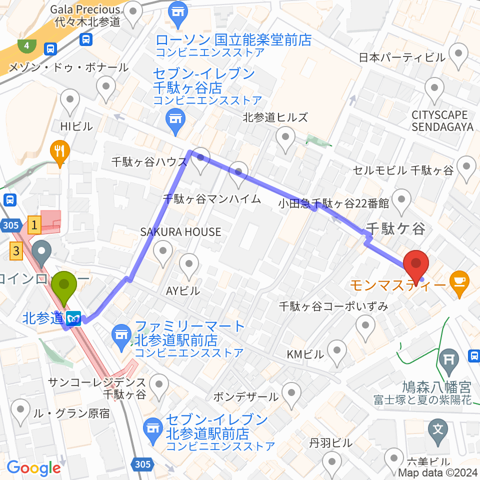 トライアンフスタジオの最寄駅北参道駅からの徒歩ルート（約6分）地図