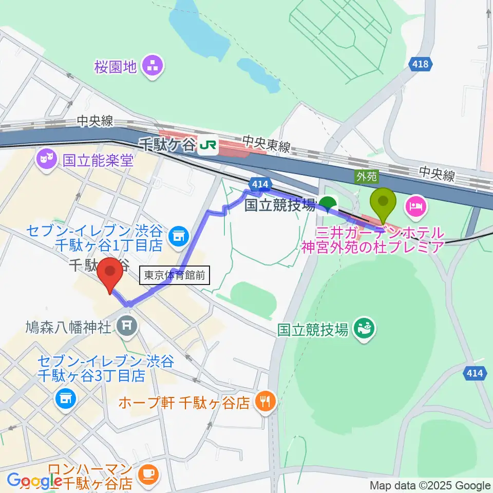 国立競技場駅からトライアンフスタジオへのルートマップ地図