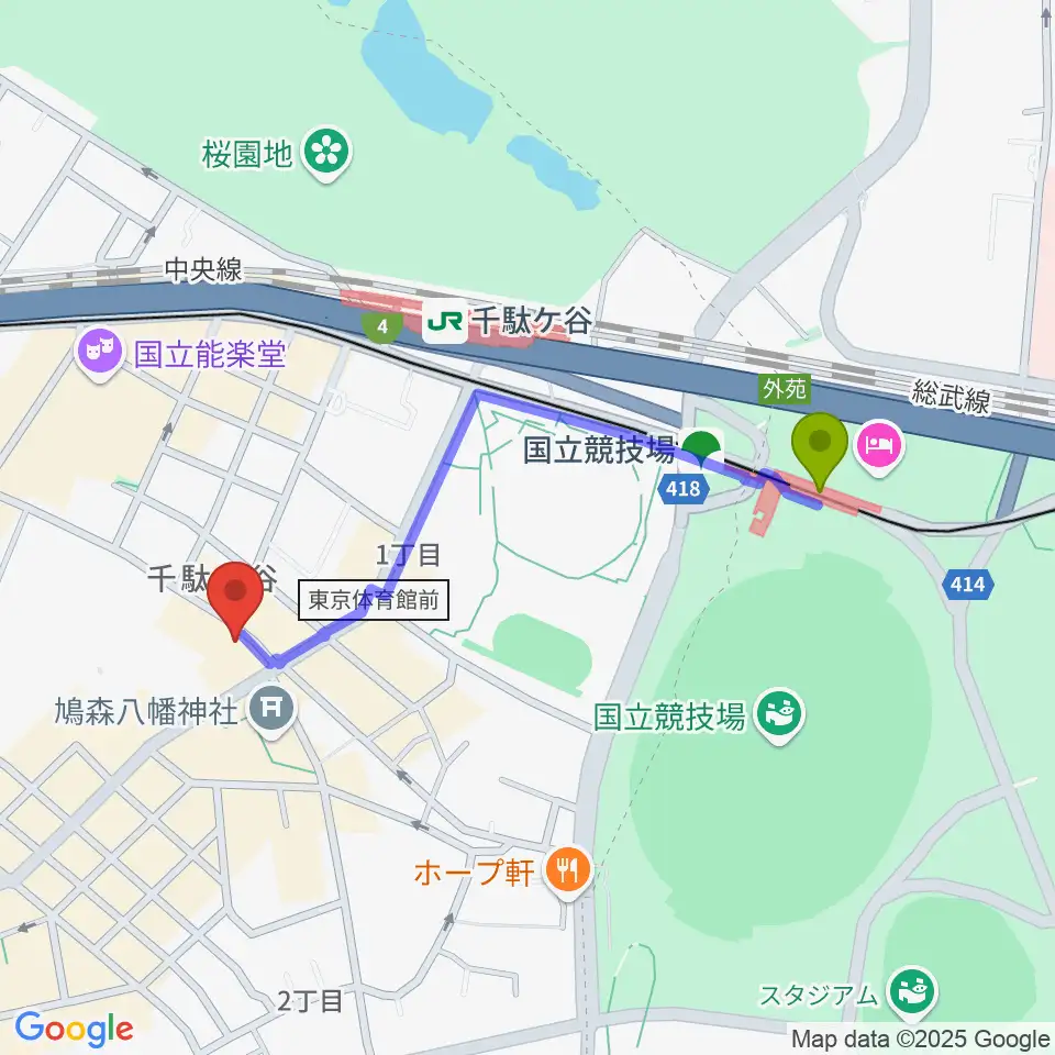 国立競技場駅からトライアンフスタジオへのルートマップ地図